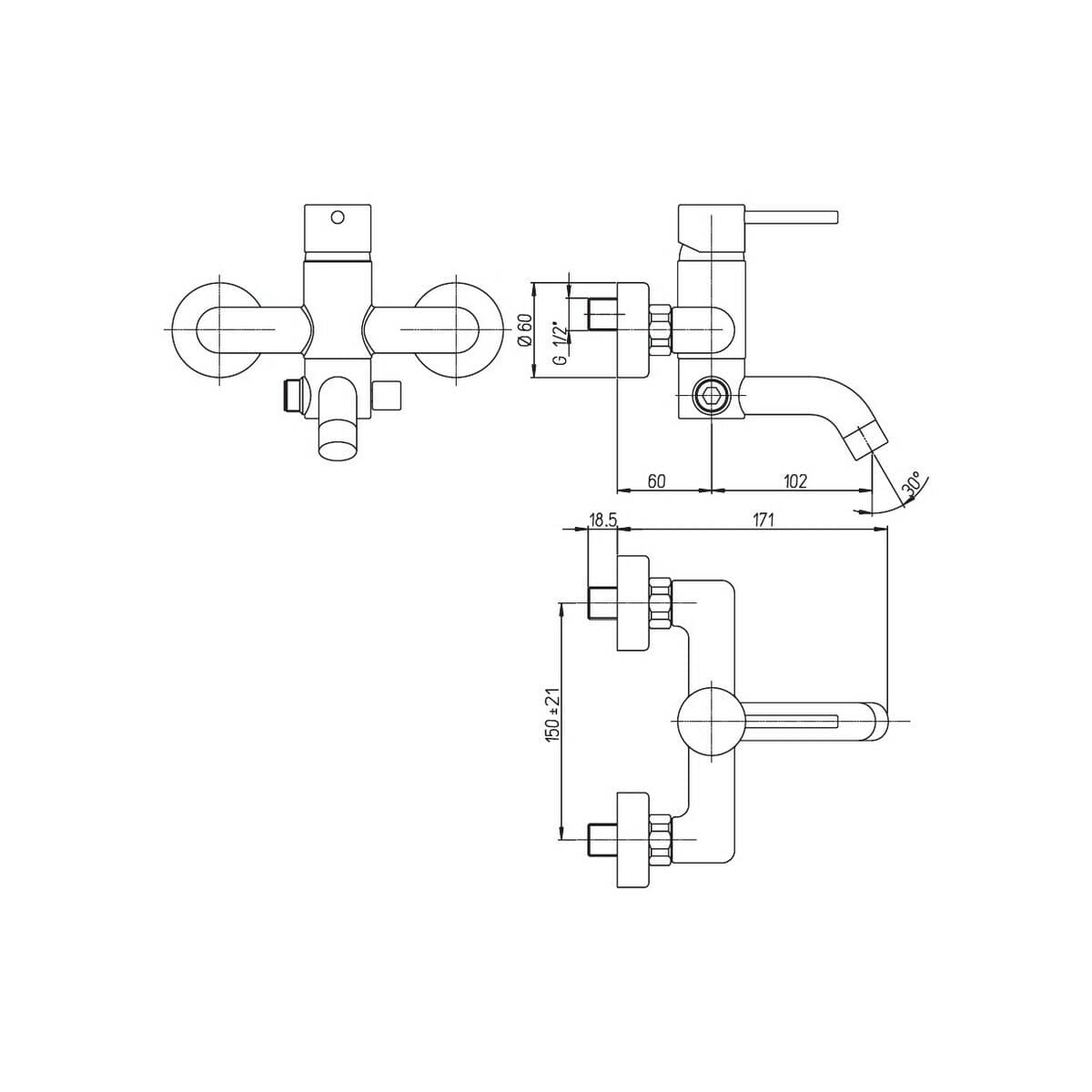78CR111_tecnico Grifo de baño-ducha COX sin accesorios, cromo