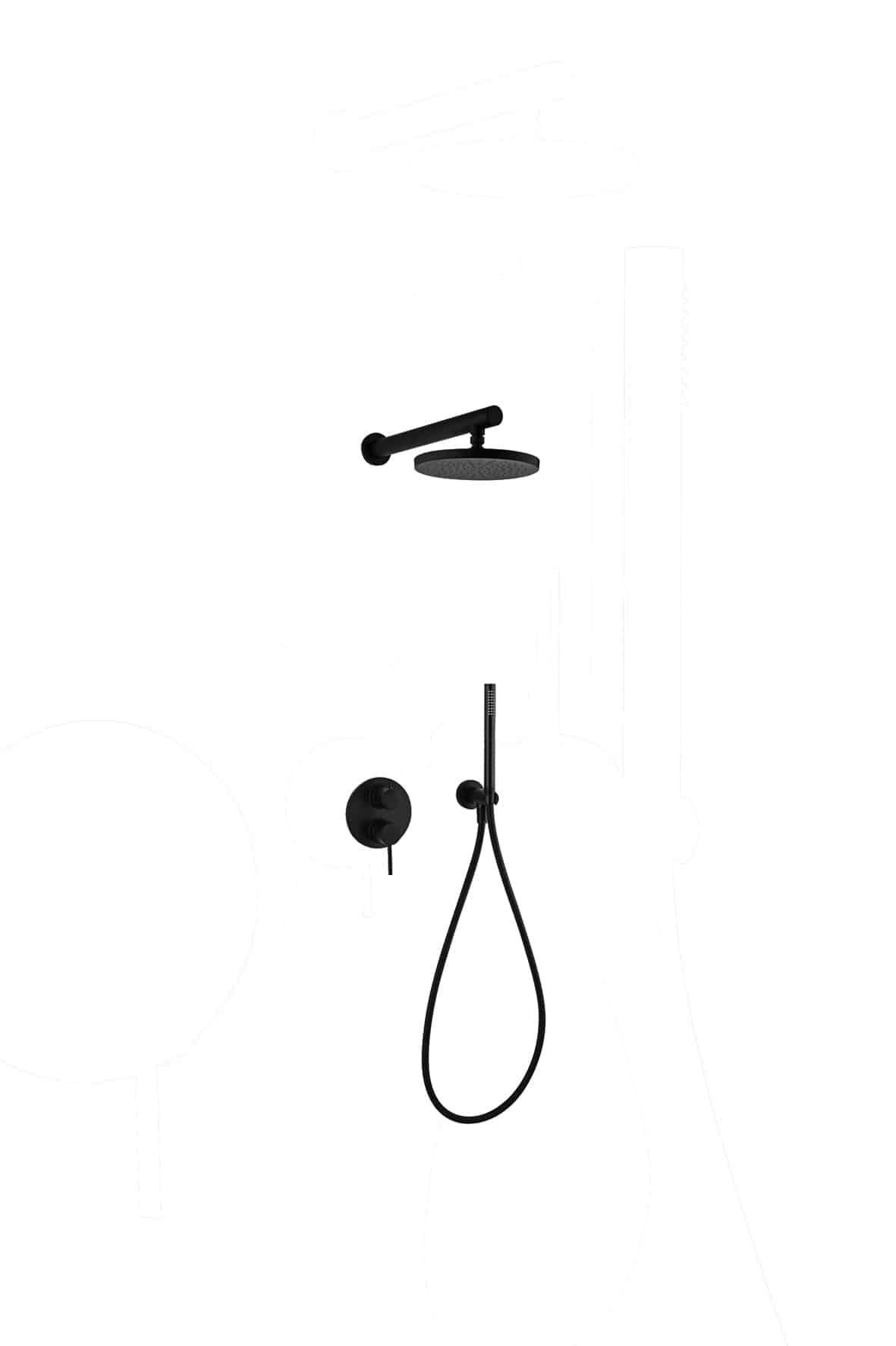 Grifo de ducha empotrado Paini Cox con dos salidas, rociador con brazo y kit de ducha con soporte fijo