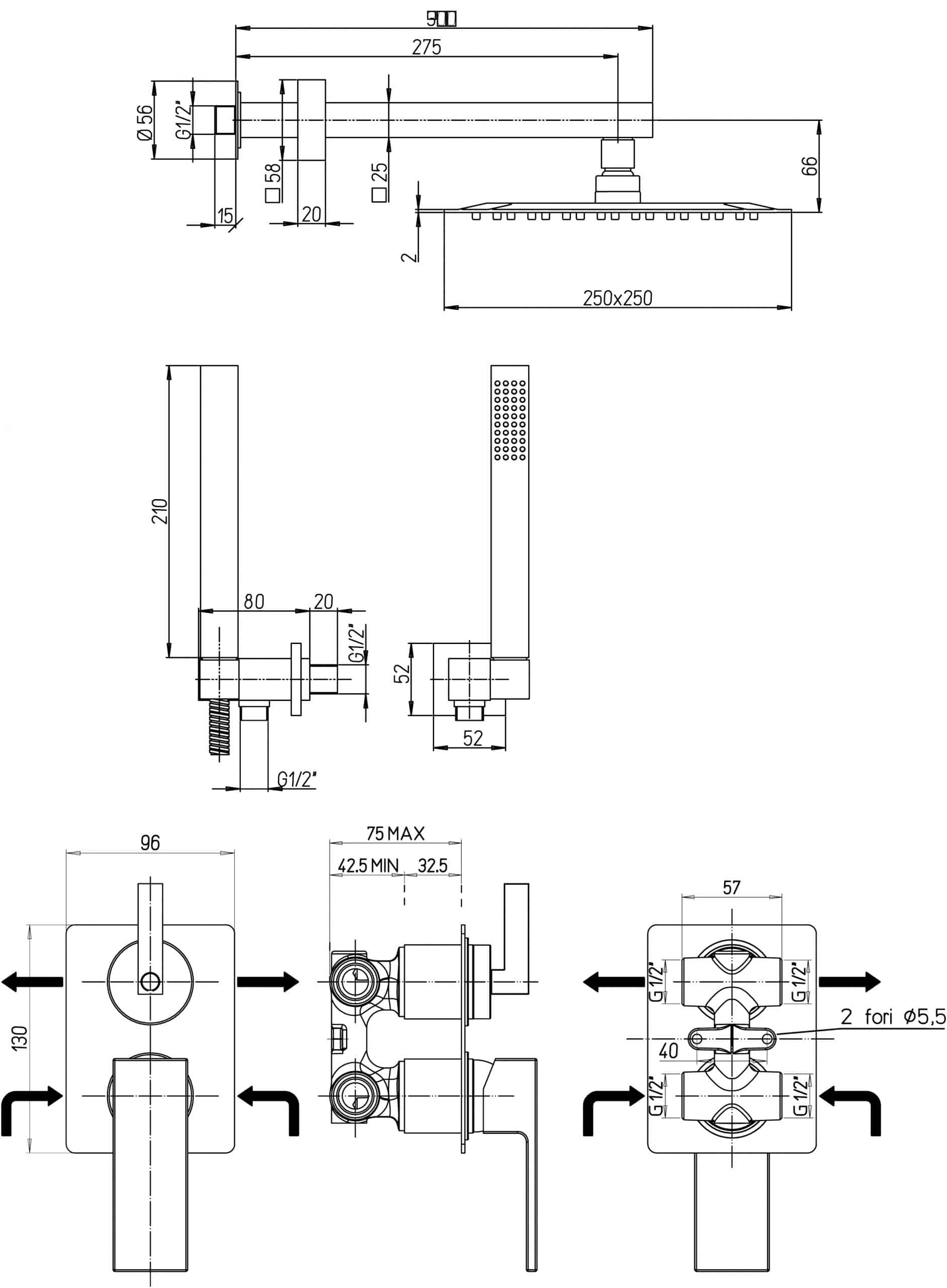 Grifo de ducha empotrado Paini DAX 2 salidas, rociador de techo y kit de ducha fijo