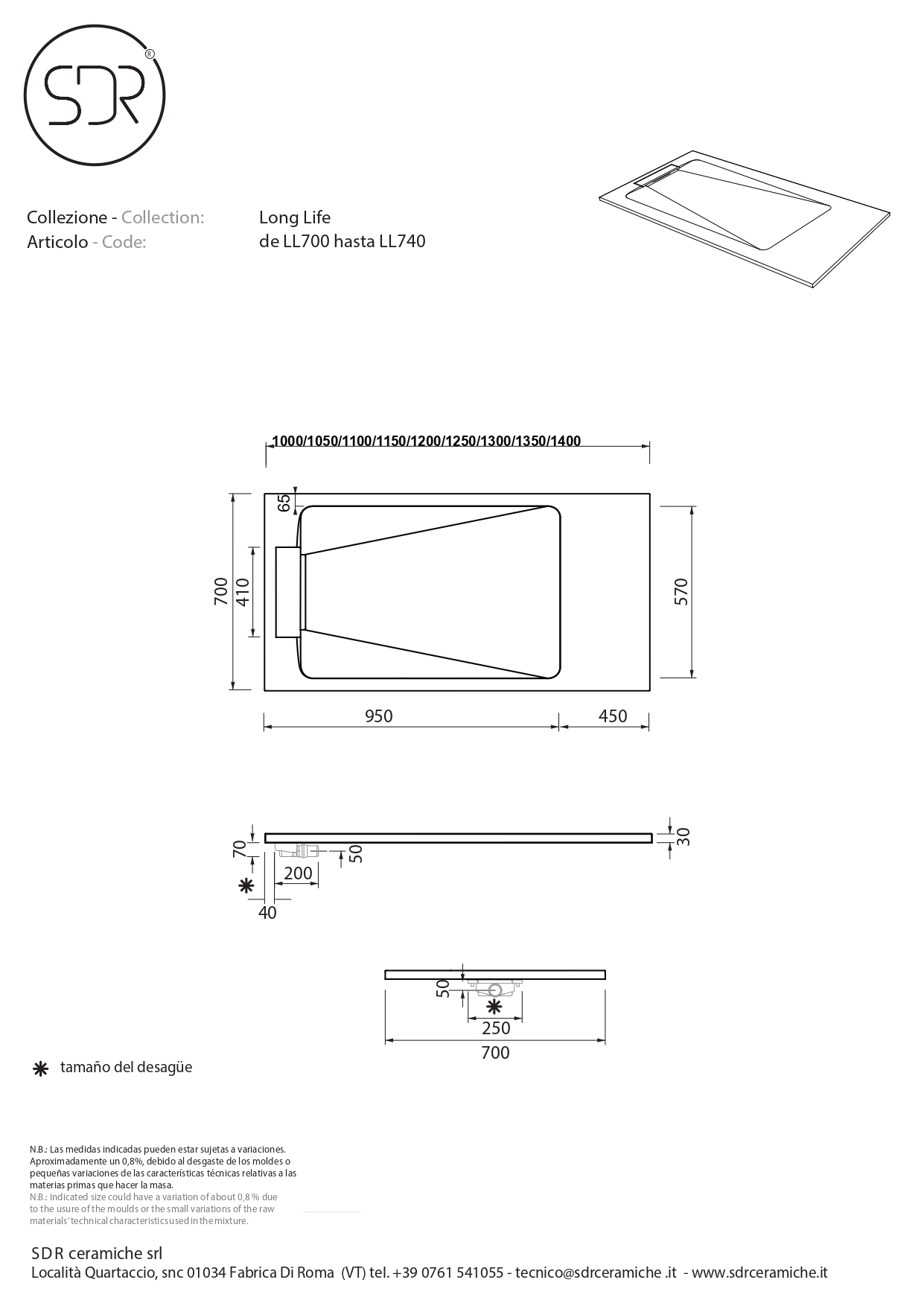 Plato de ducha cerámico SDR LONG LIFE 70×110