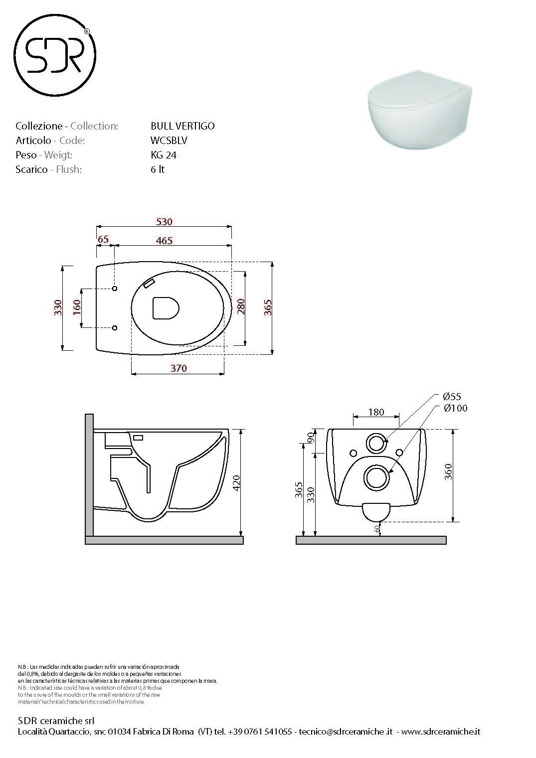 inodoro wc ceramico suspendido SDR BULL con sisma descarga vertigo_tecnico