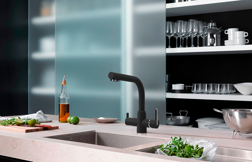 grifo de cocina 3 vias osmosis Paini Arena negro granito