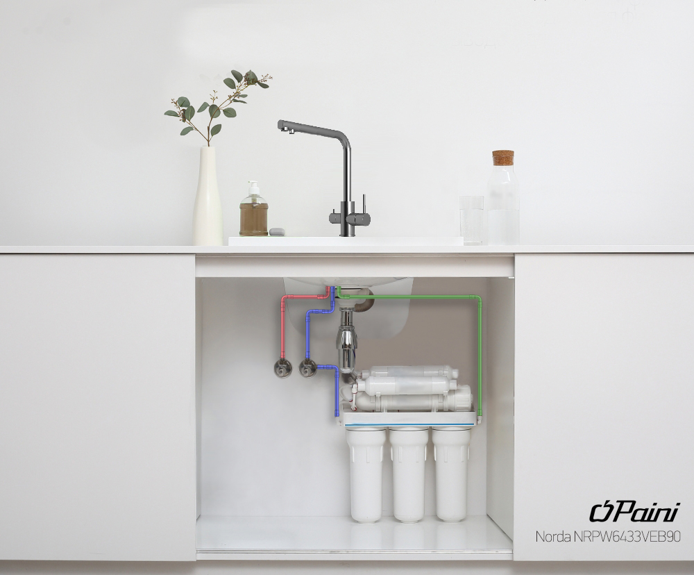 Grifo de cocina Paini Norda, 3 vias, acero inoxidable. Tecnica2